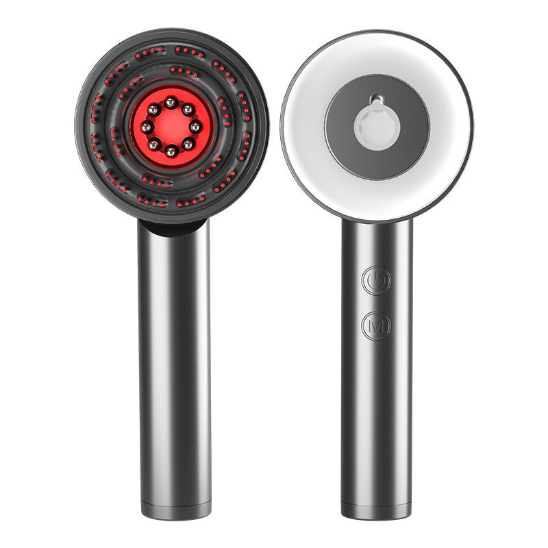 Two handheld shower heads, one with a red interior and one with a white interior, on a white background