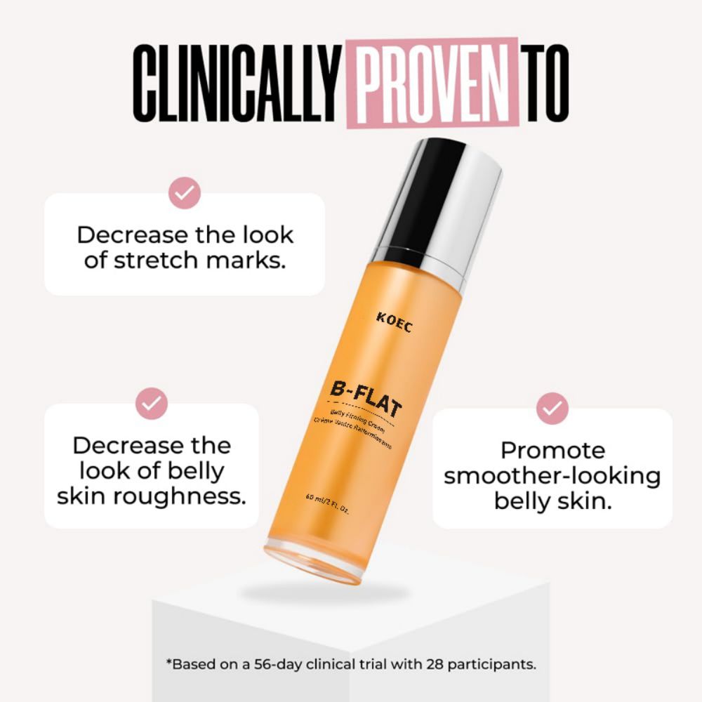 KOEC B-FLAT product bottle with text about stretch marks and skin roughness on a white background