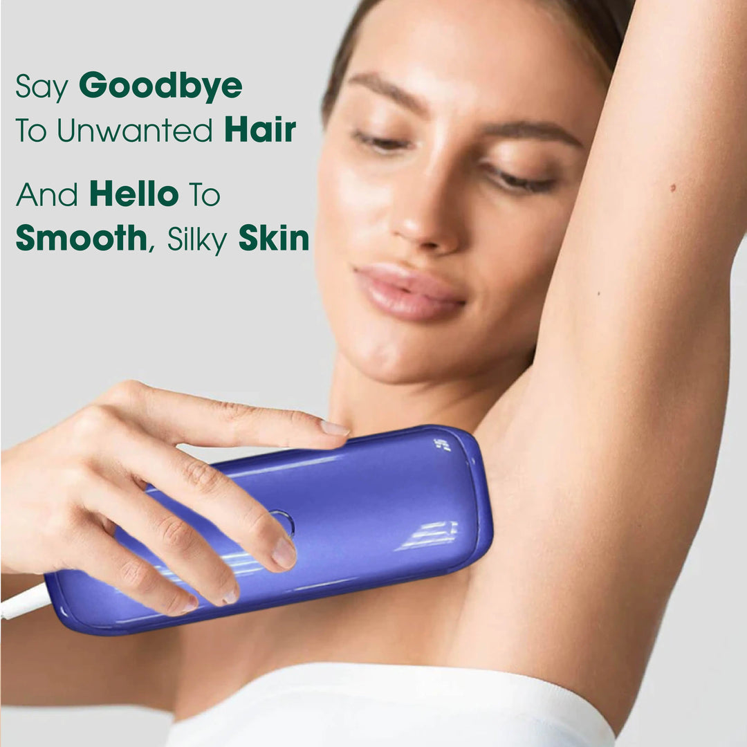 Woman using a blue hair removal device with text about smooth skin.