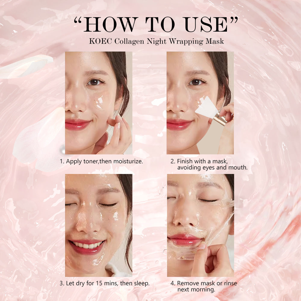 Instructions on how to use a KOEC Collagen Night Wrapping Mask with a woman applying the mask.