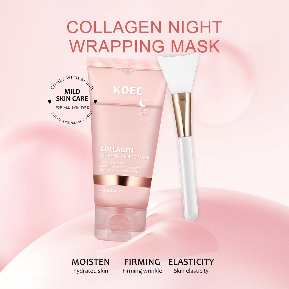 KOEC collagen night wrapping mask with applicator on a pink background
