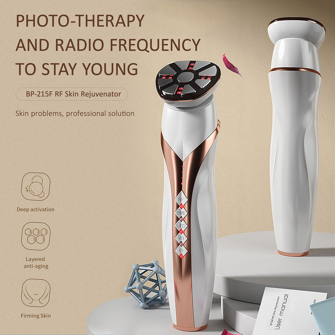 Skin rejuvenation device with text on photo-therapy and radio frequency on a beige background