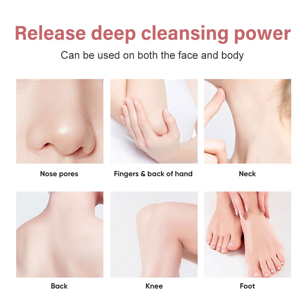Product advertisement showing its effectiveness on various parts of the body with text 'Release deep cleansing power'.