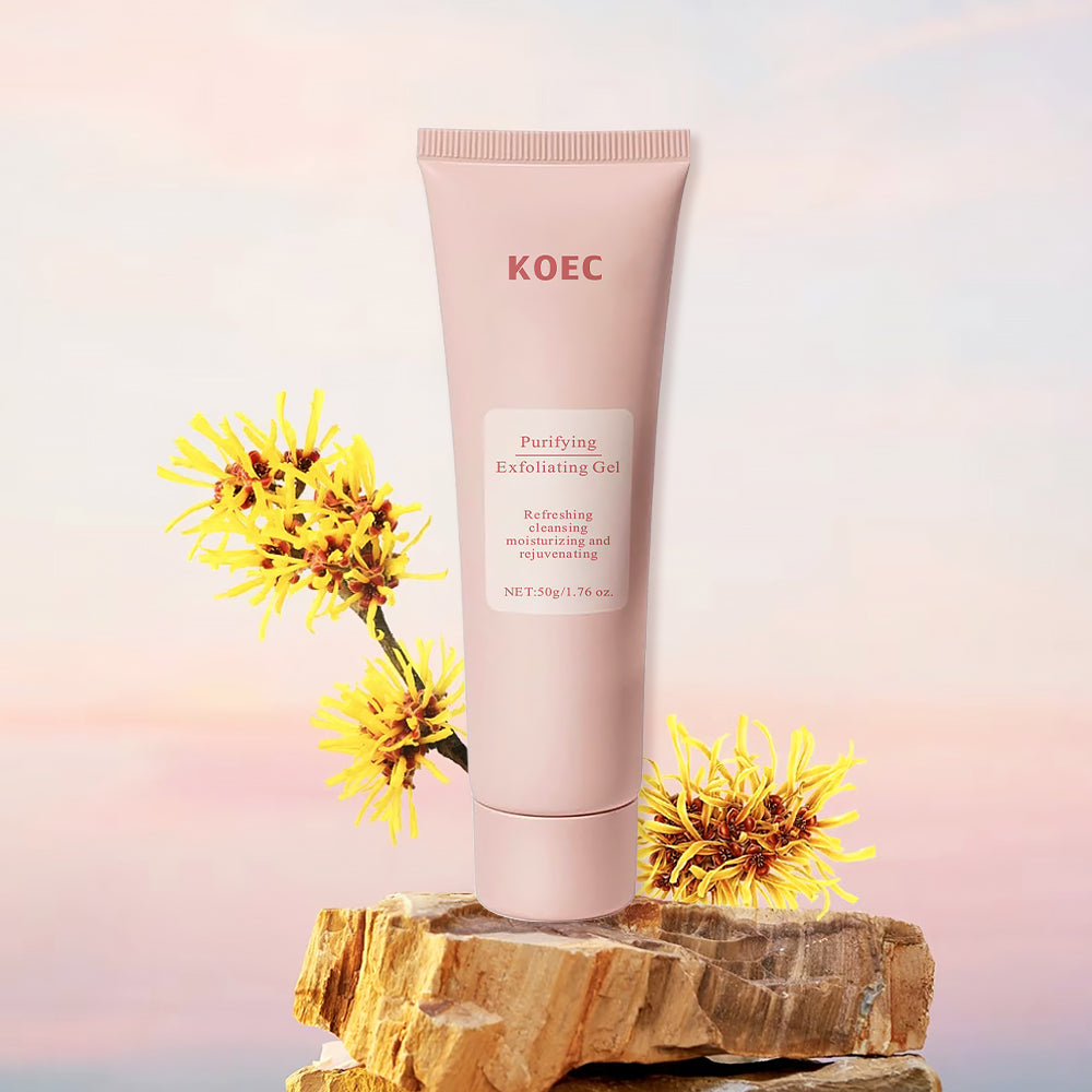 Korean skincare product with yellow flowers on a wooden block against a soft pink background