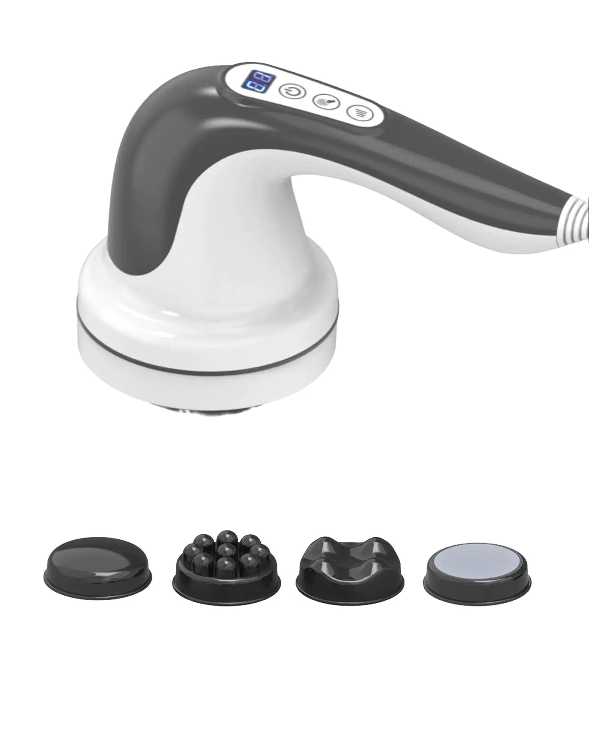 Handheld massager with attachments on a white background