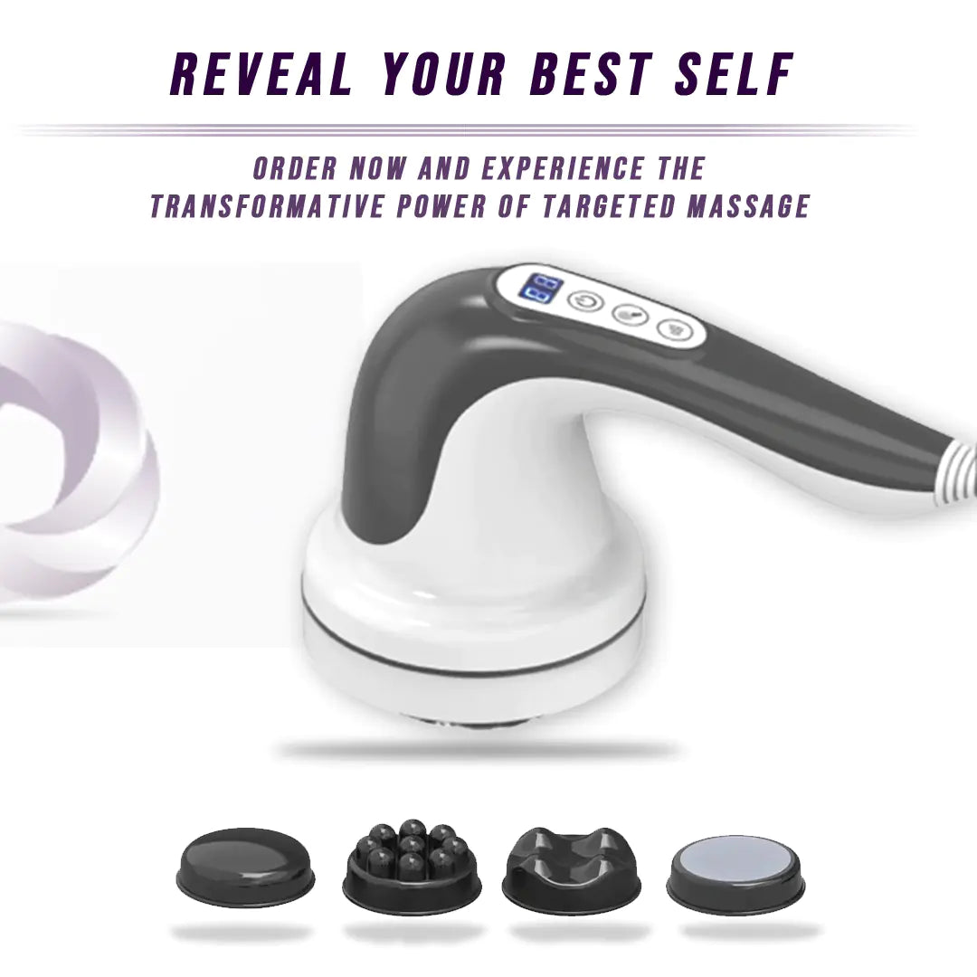 Handheld massage device with attachments on a white background, featuring text about targeted massage.
