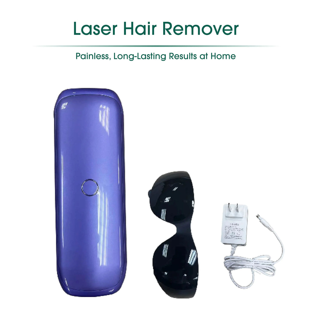 Laser hair remover with goggles and power adapter on a white background