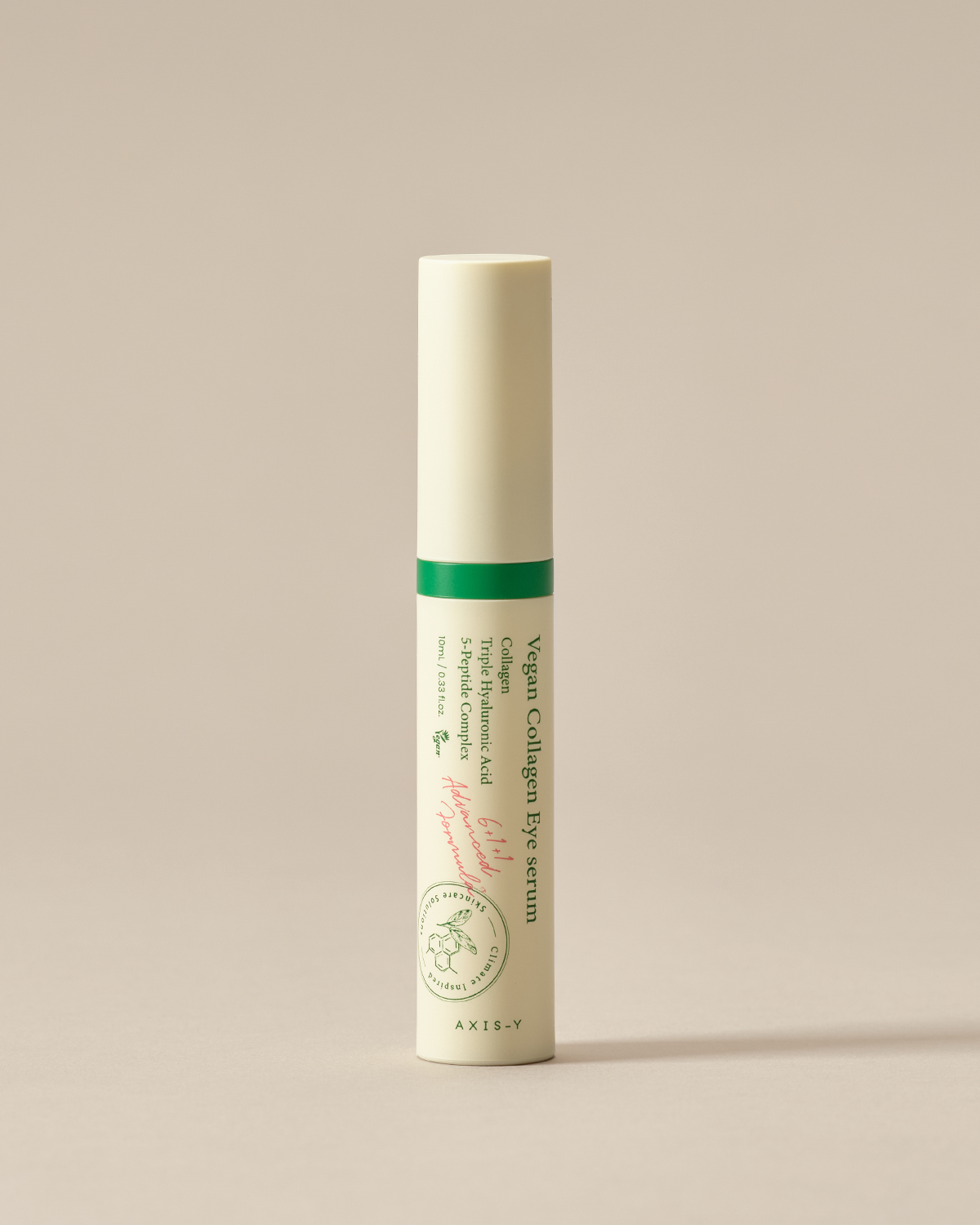 Axis-Y Vegan Collagen Eye serum bottle with green label on a beige background