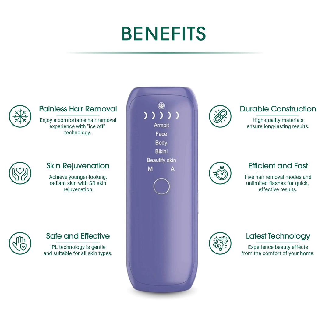 Purple hair removal device with benefits listed on a white background